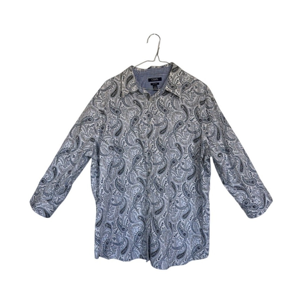 Chaps Womens 2X Blue White Paisley No Iron Cotton Button Up 3/4 Sleeve Shirt